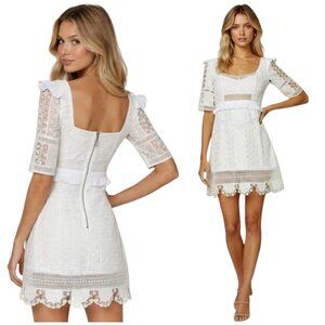 For Love & Lemons Amandine Mini Dress Ivory Embroidered Lace XS